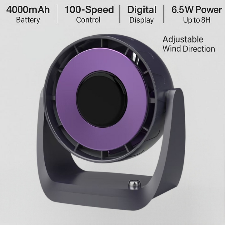 PL044 Prospera Turbo Yoga Fan — Precision 100-Speed Digital Cooling, Whisper-Quiet Design, Adjustable Tilt & Rechargeable Power for Home, Office & Travel