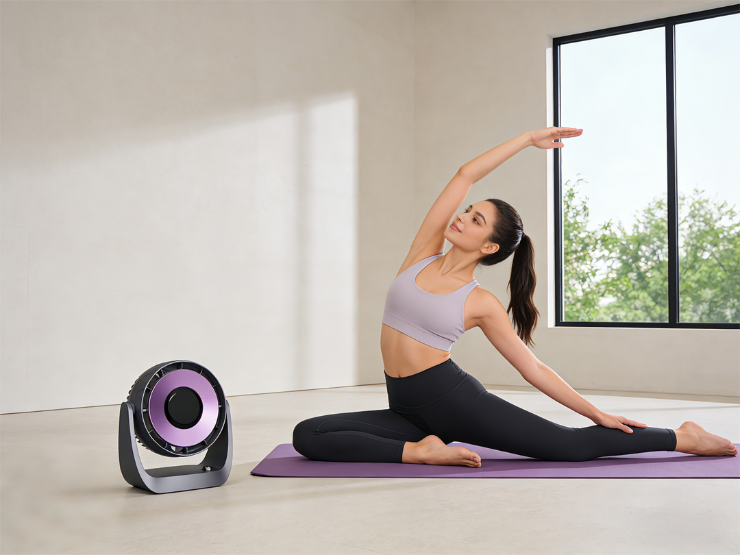 PL044 Prospera Turbo Yoga Fan — Precision 100-Speed Digital Cooling, Whisper-Quiet Design, Adjustable Tilt & Rechargeable Power for Home, Office & Travel