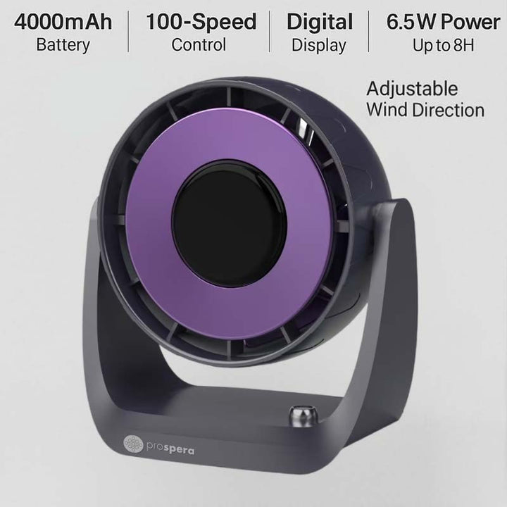 PL044 Prospera Turbo Yoga Fan — Precision 100-Speed Digital Cooling, Whisper-Quiet Design, Adjustable Tilt & Rechargeable Power for Home, Office & Travel