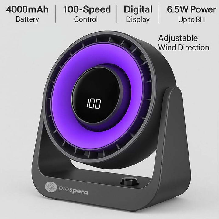 PL044 Prospera Turbo Yoga Fan — Precision 100-Speed Digital Cooling, Whisper-Quiet Design, Adjustable Tilt & Rechargeable Power for Home, Office & Travel