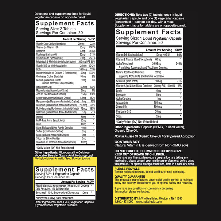 InviteHealth PERFORMANCE MULTIVITAMIN-30 Day VitaPak Regimen (2 Tablets, 1 Vegetarian Capsule and 1 Vegetarian Liquid Capsule per VitaPak)